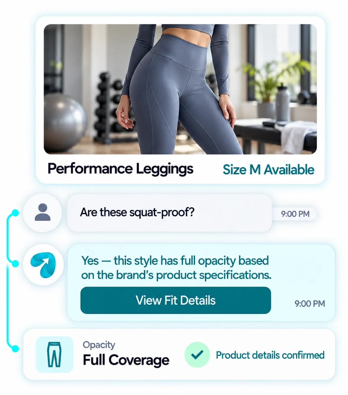 Activewear Brand Automation: a customer question answered and confirmed in a Reflys chat
