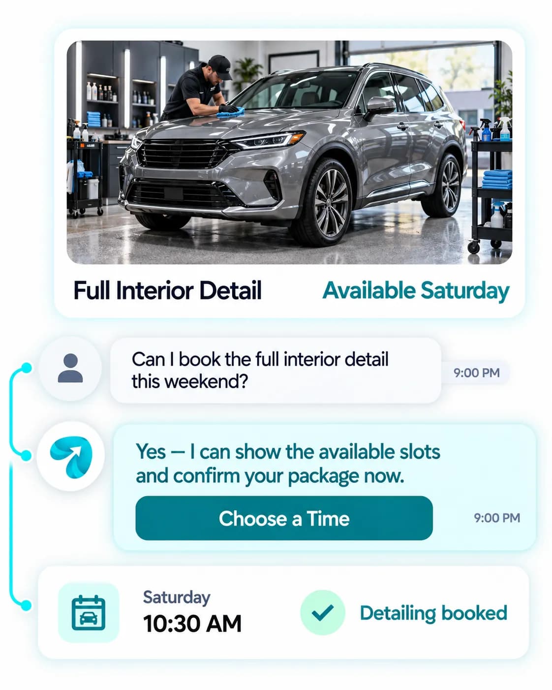 Auto Detailing & Car Wash Automation: a customer question answered and confirmed in a Reflys chat