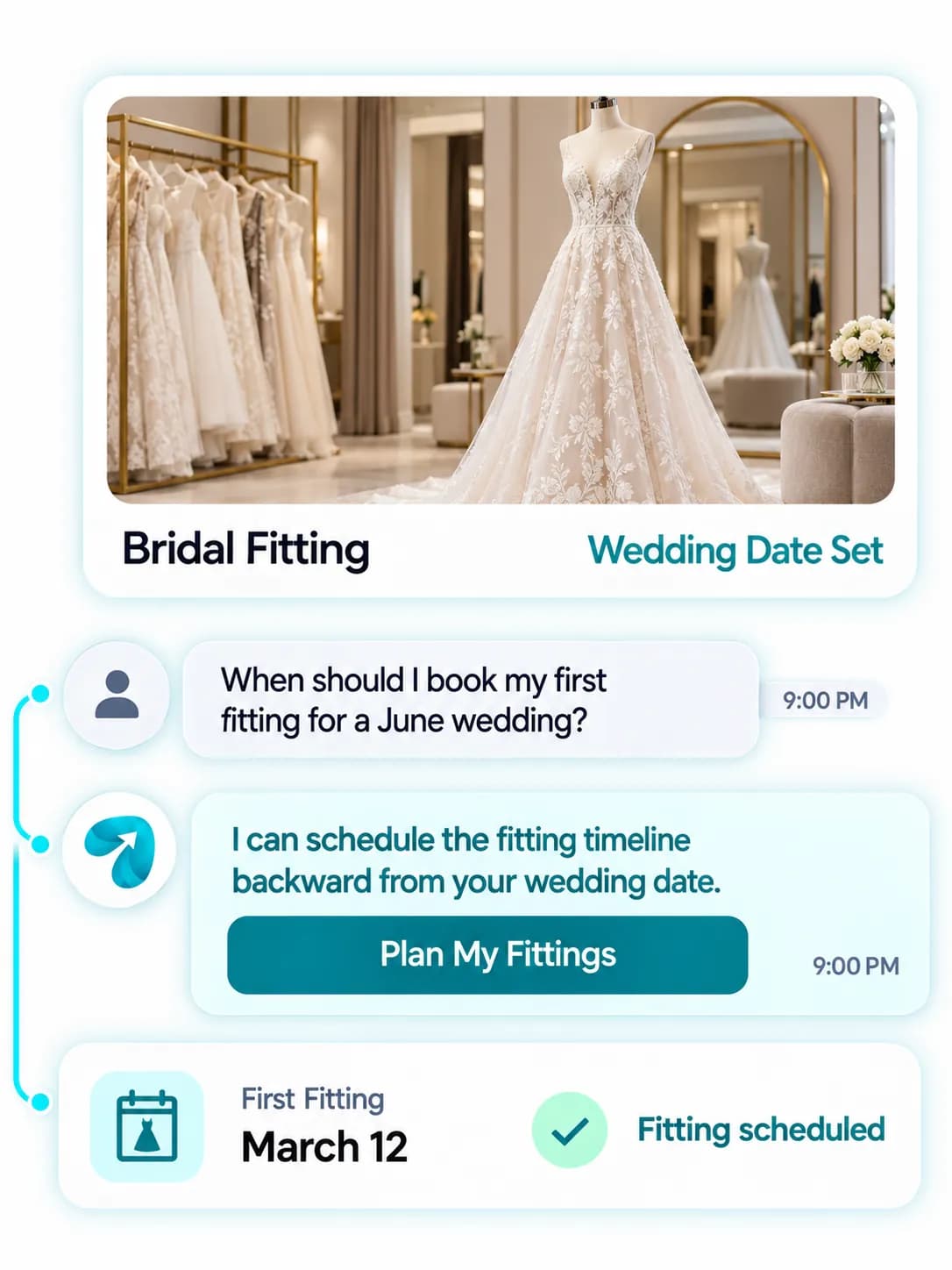 Bridal & Formalwear Automation: a customer question answered and confirmed in a Reflys chat