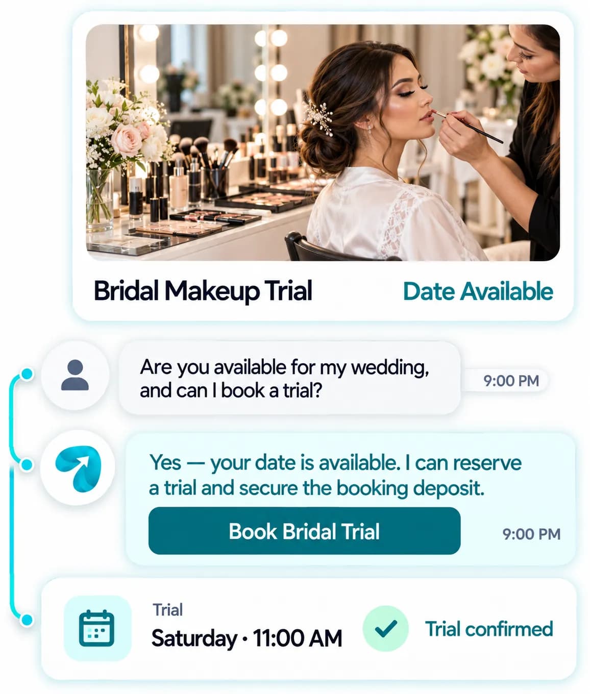 Bridal Makeup Artist Automation: a customer question answered and confirmed in a Reflys chat