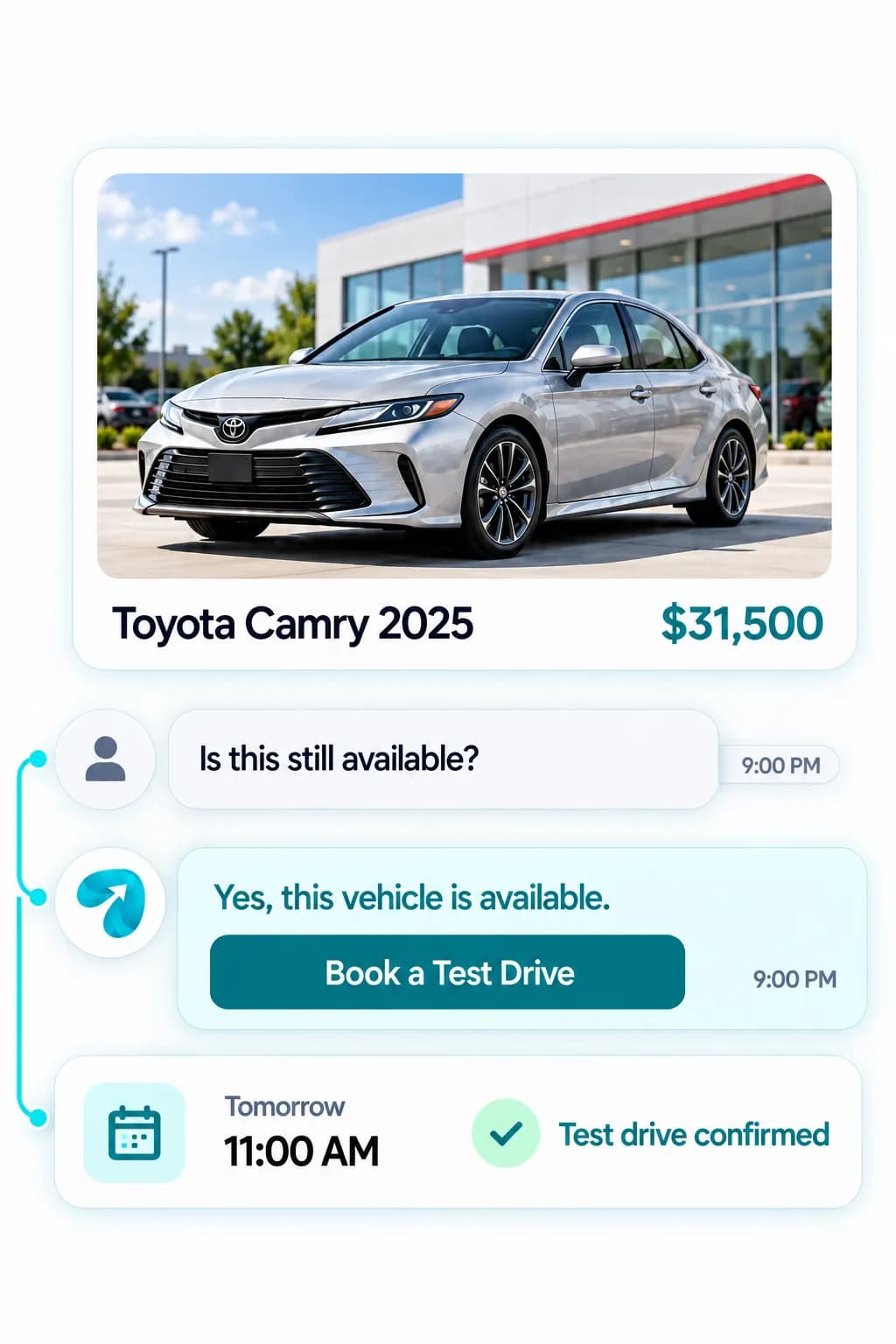 Car Dealership Automation: a customer question answered and confirmed in a Reflys chat
