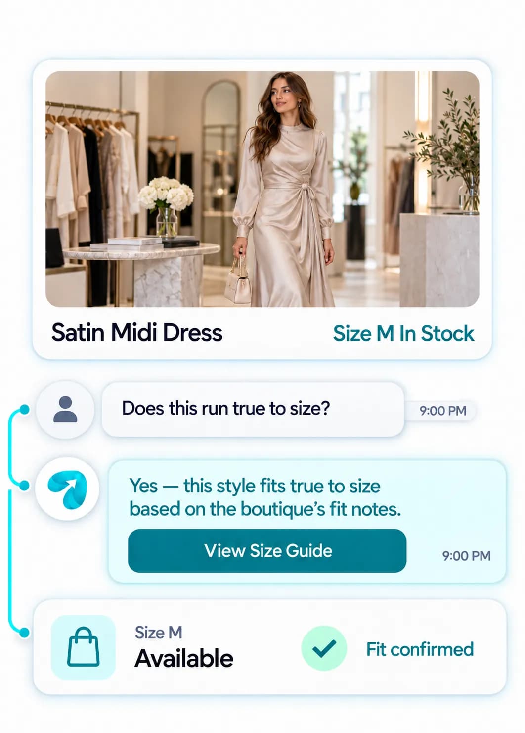 Clothing Boutique Automation: a customer question answered and confirmed in a Reflys chat