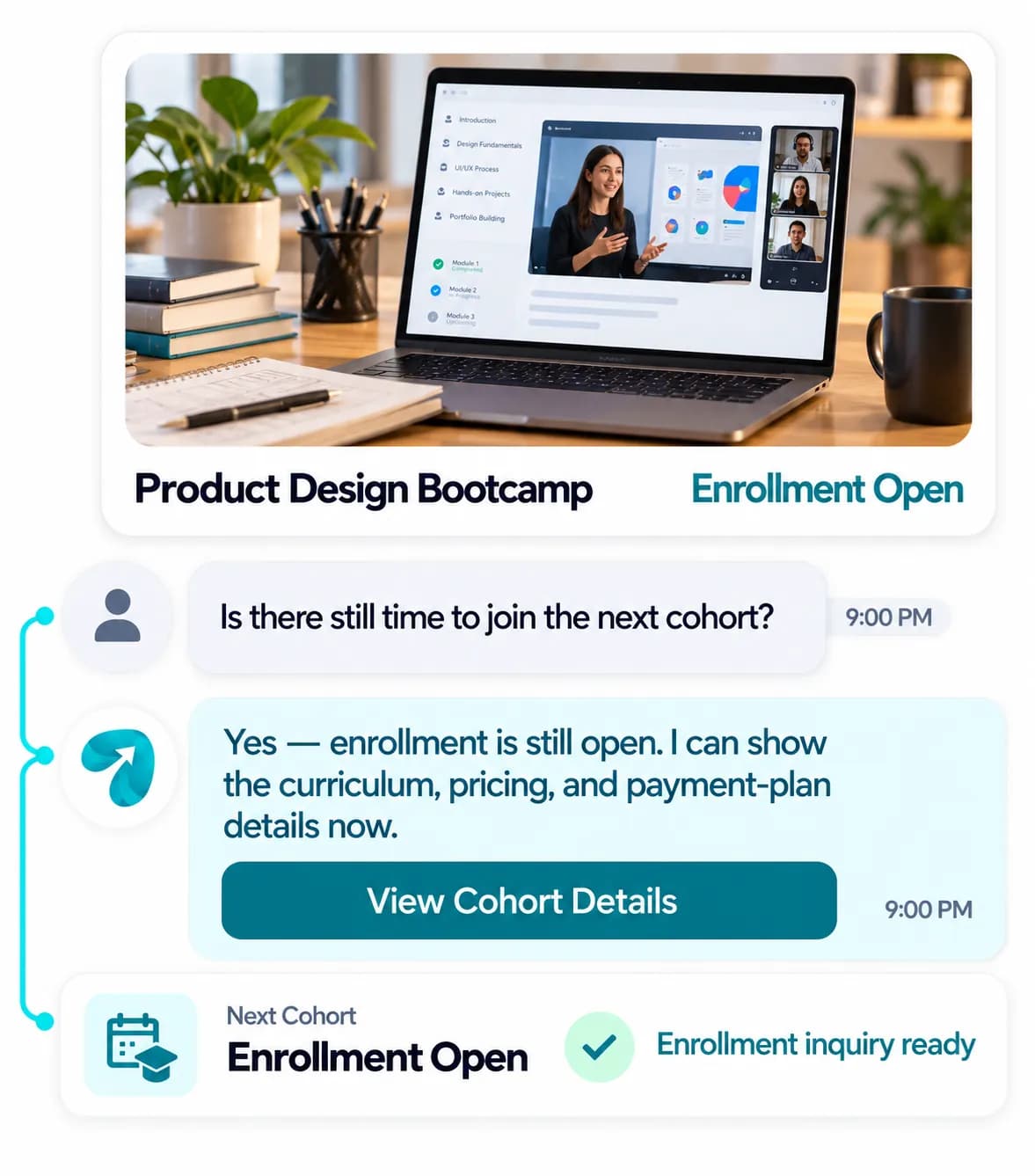 Cohort Course & Bootcamp Automation: a customer question answered and confirmed in a Reflys chat