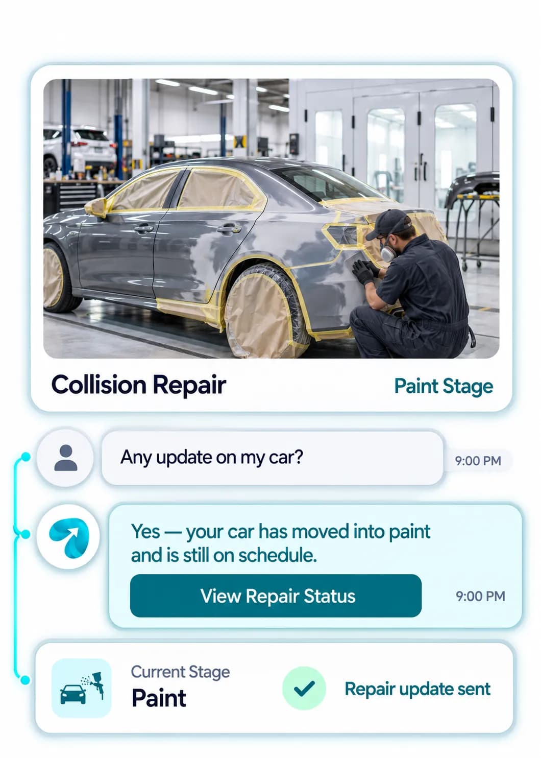 Collision Repair Shop Automation: a customer question answered and confirmed in a Reflys chat