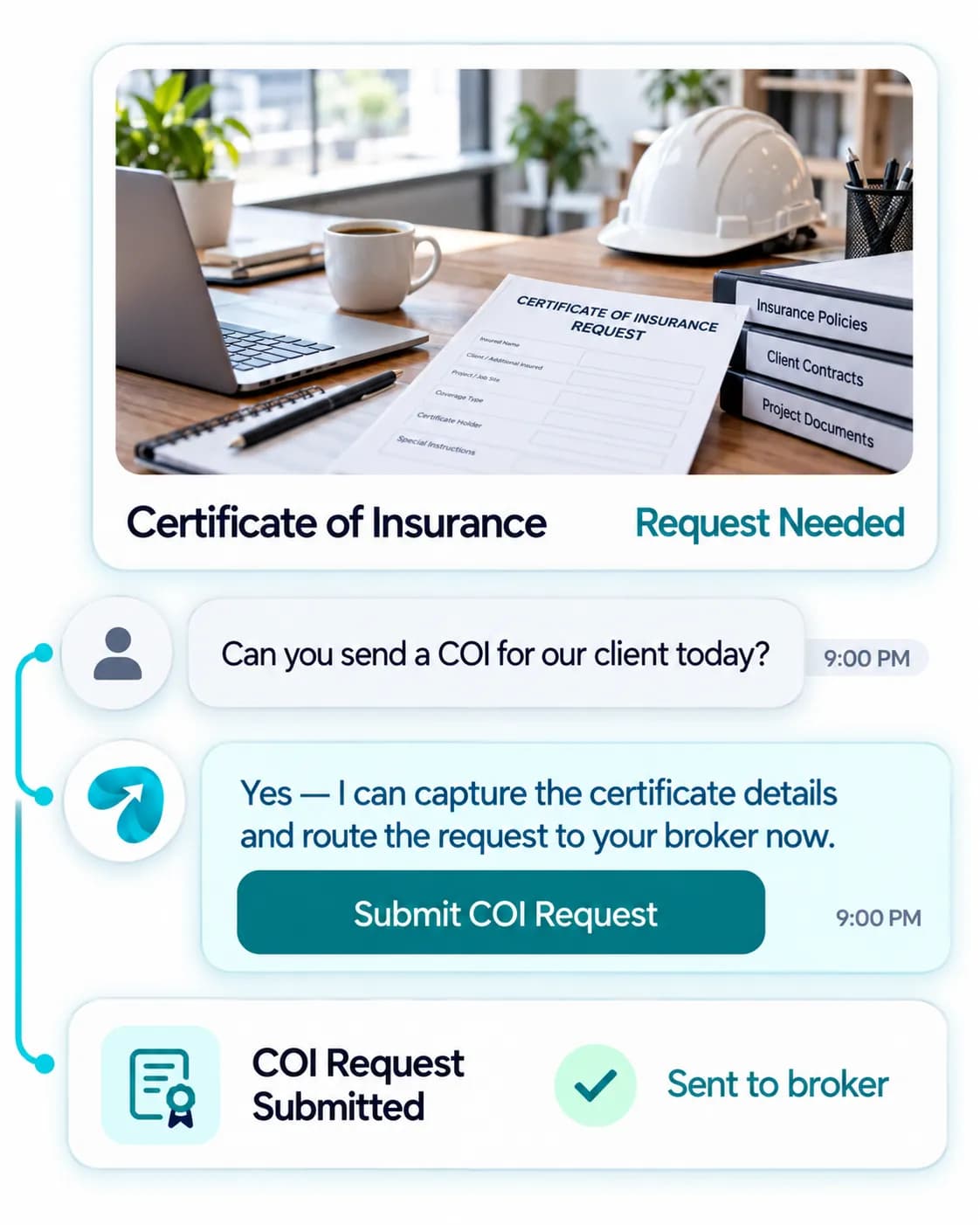 Commercial Insurance Broker Automation: a customer question answered and confirmed in a Reflys chat