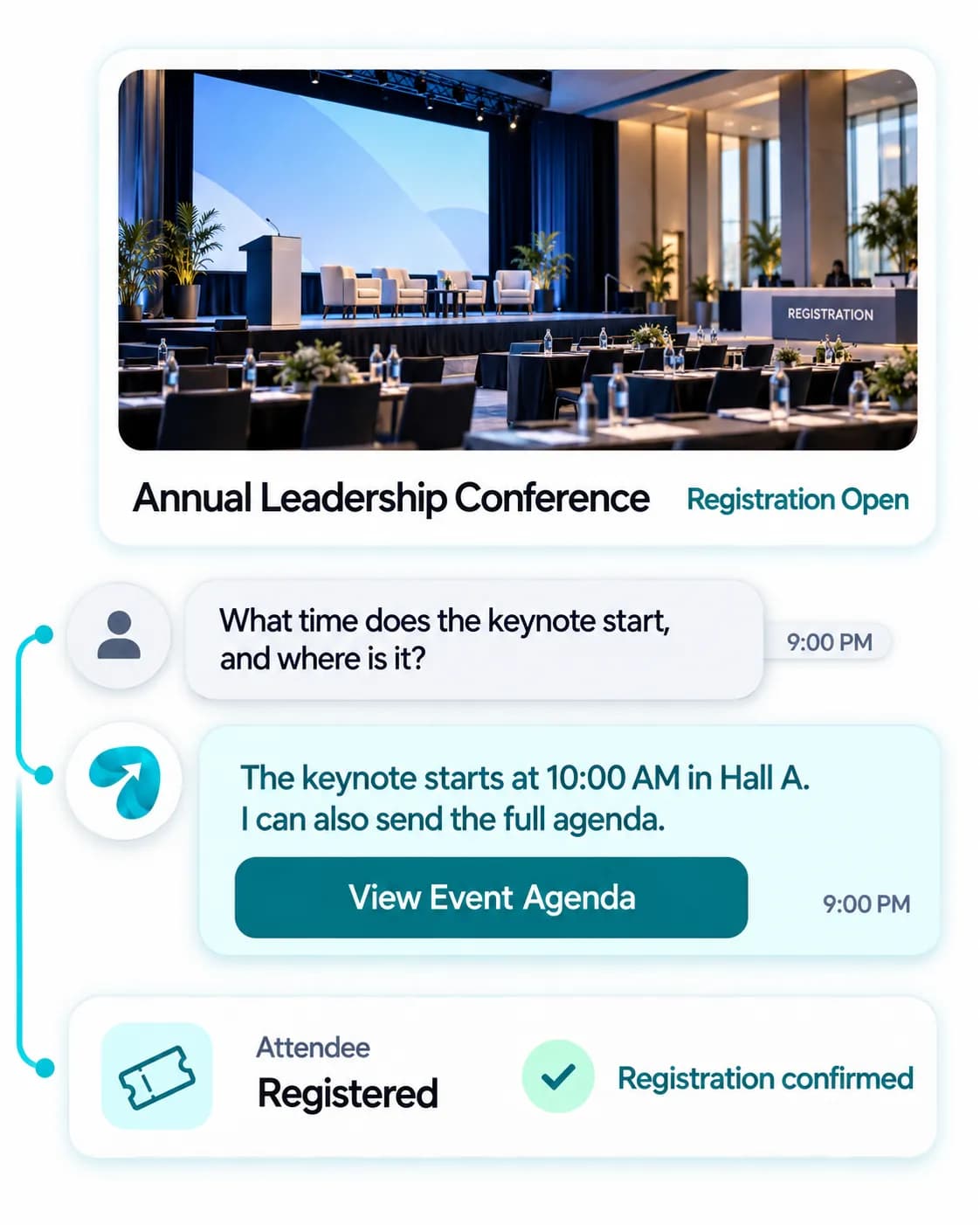 Corporate Event Automation: a customer question answered and confirmed in a Reflys chat