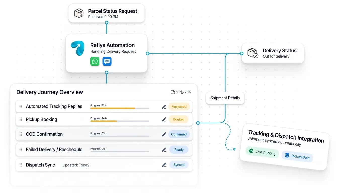 Courier & Parcel Automation workflow: inquiry captured, request handled, and details synced by Reflys