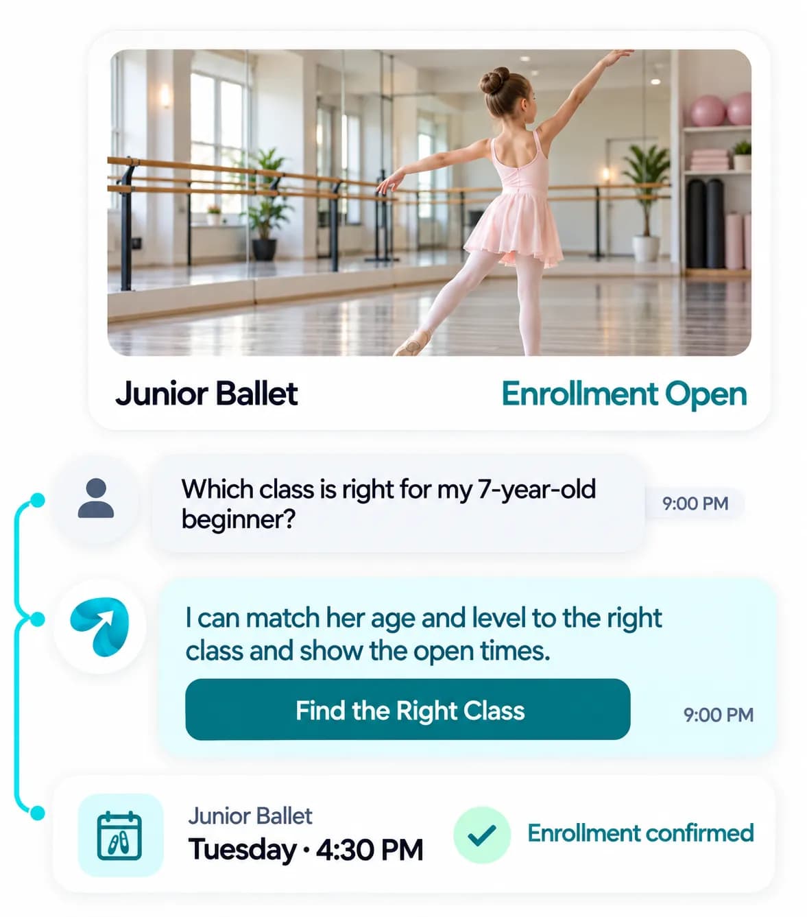 Dance Studio Automation: a customer question answered and confirmed in a Reflys chat