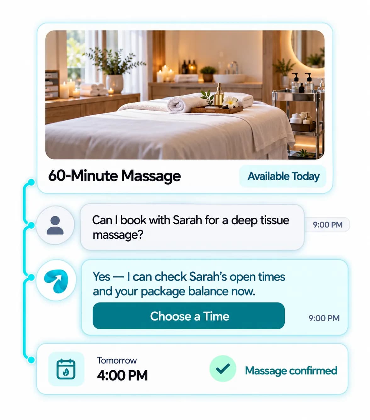 Day Spa & Massage Studio Automation: a customer question answered and confirmed in a Reflys chat
