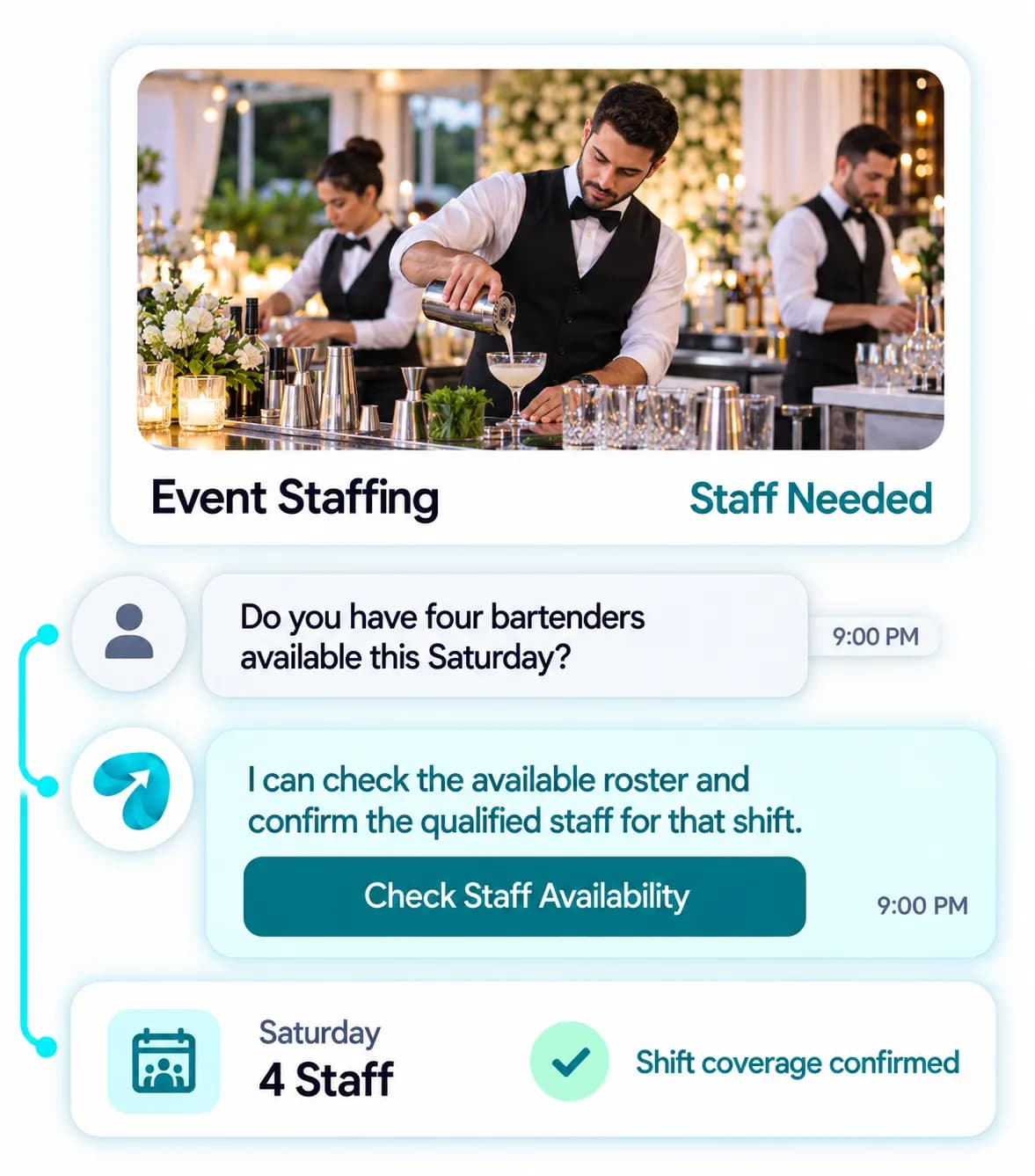 Event Staffing Automation: a customer question answered and confirmed in a Reflys chat