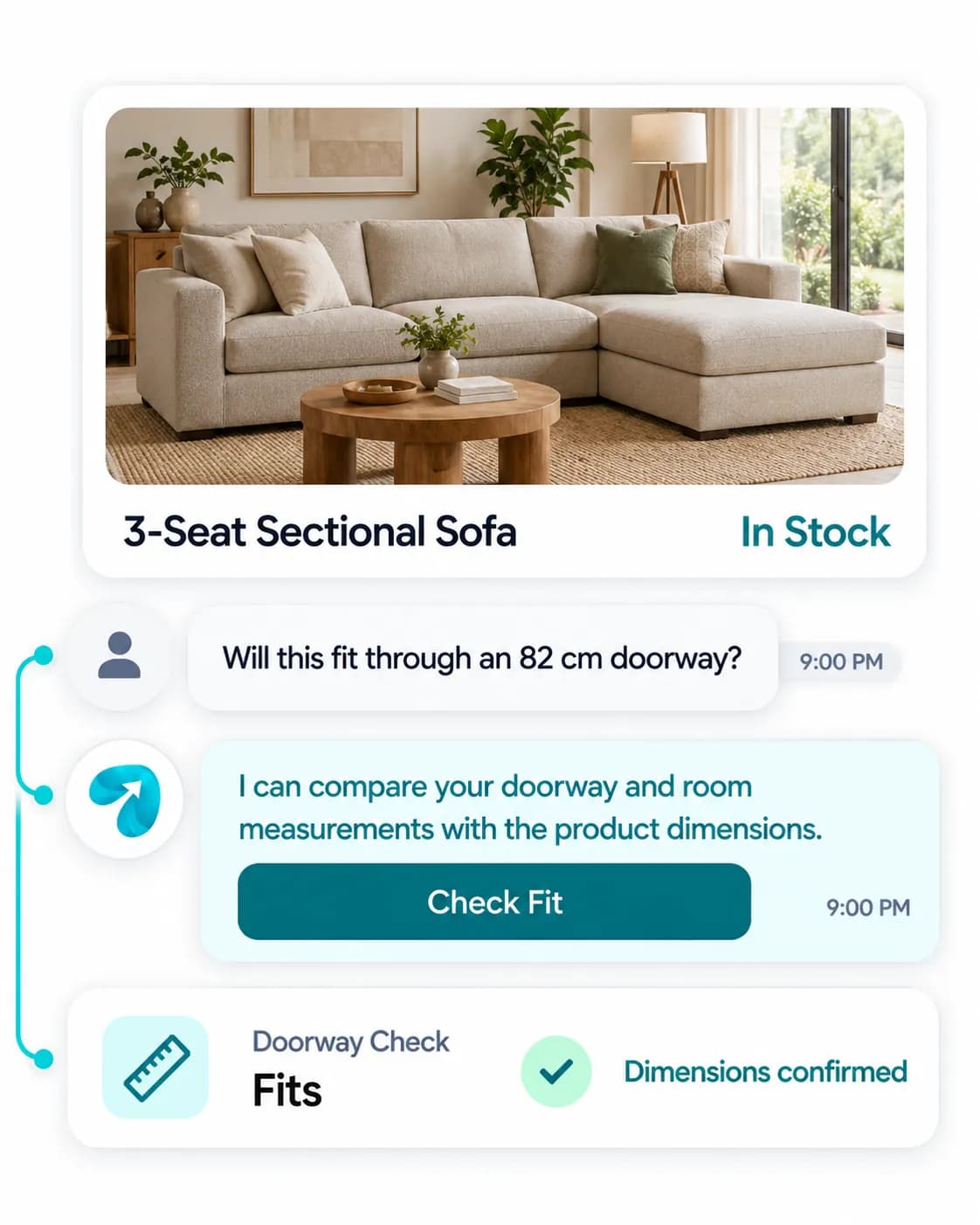 Furniture Store Customer Service Automation: a customer question answered and confirmed in a Reflys chat