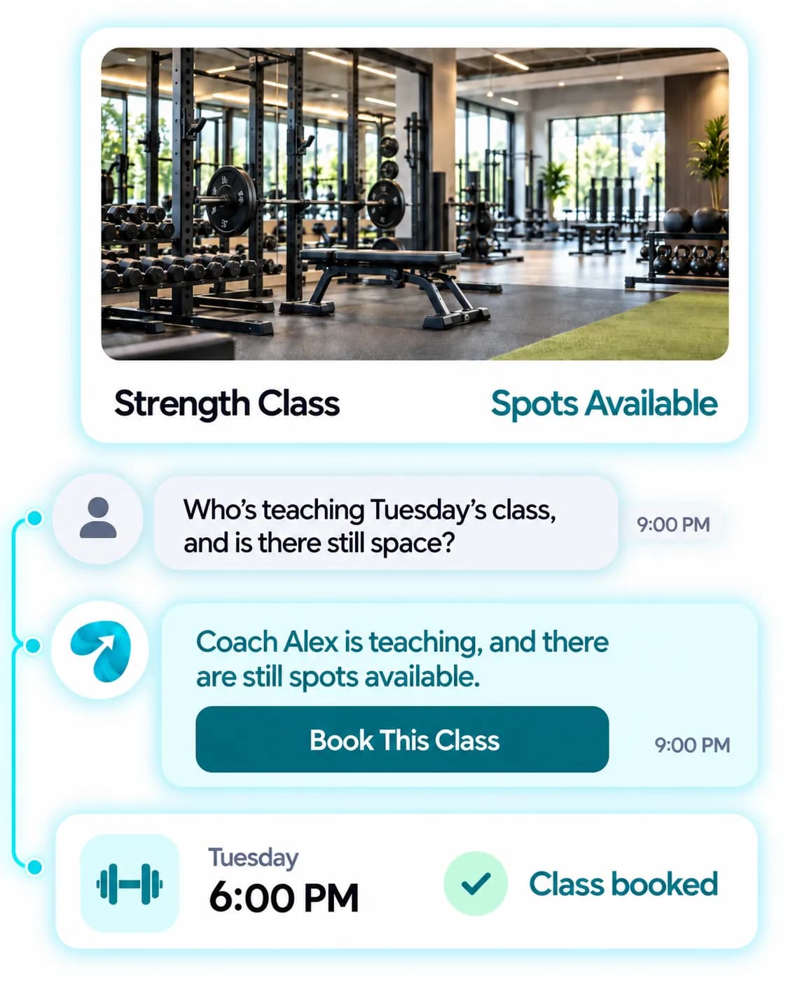 Gym & Health Club Automation: a customer question answered and confirmed in a Reflys chat