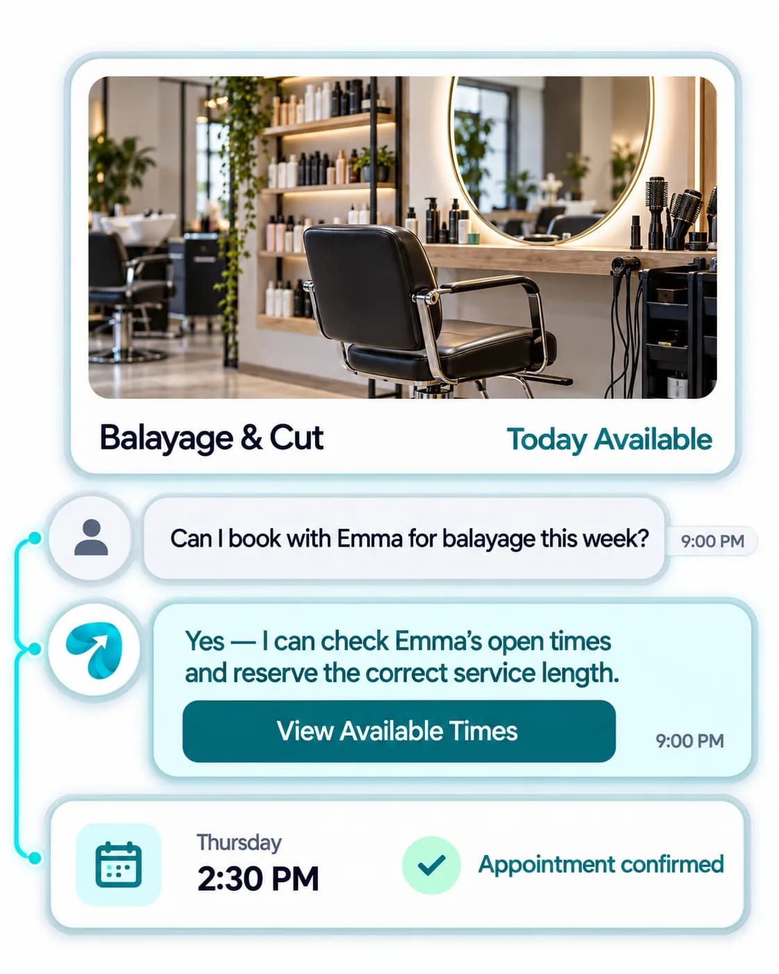 Hair Salon & Barbershop Automation: a customer question answered and confirmed in a Reflys chat