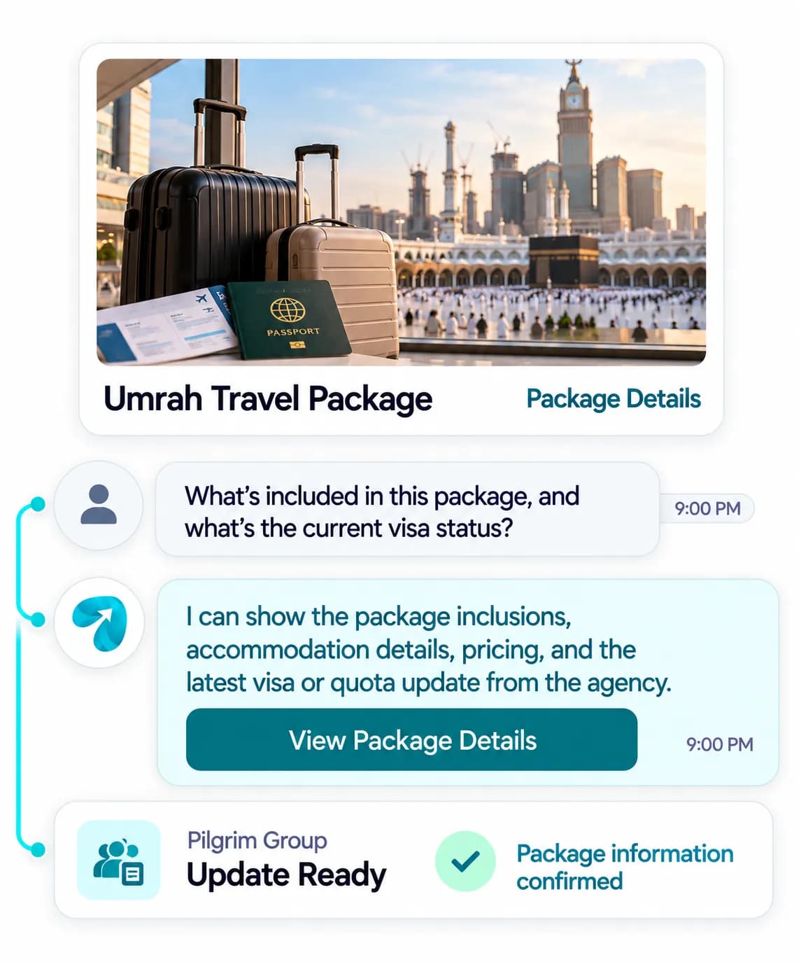Hajj & Umrah Agency Automation: a customer question answered and confirmed in a Reflys chat