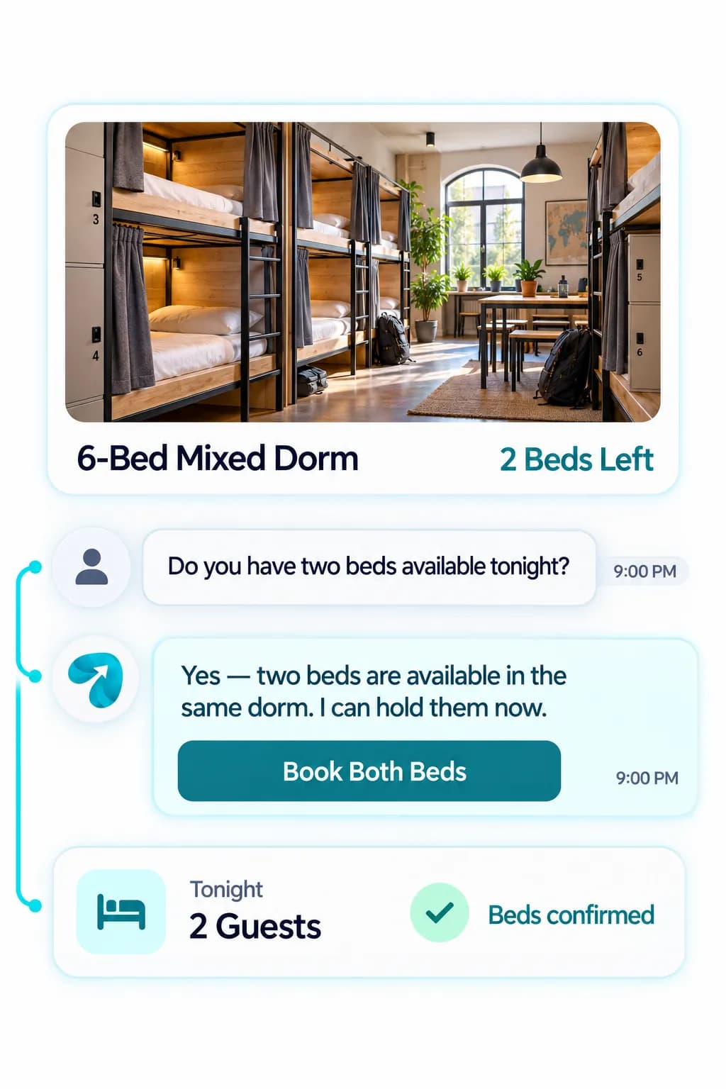 Hostel Booking Chatbot: a customer question answered and confirmed in a Reflys chat