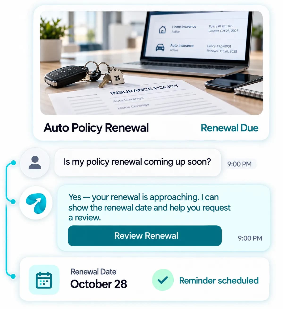Insurance Agency Automation: a customer question answered and confirmed in a Reflys chat