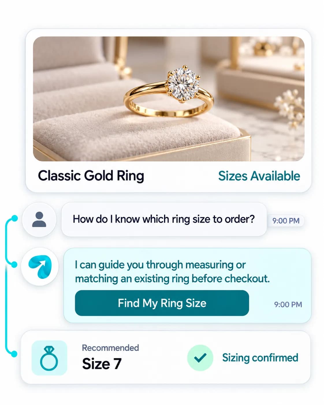 Jewelry Store Chatbot: a customer question answered and confirmed in a Reflys chat