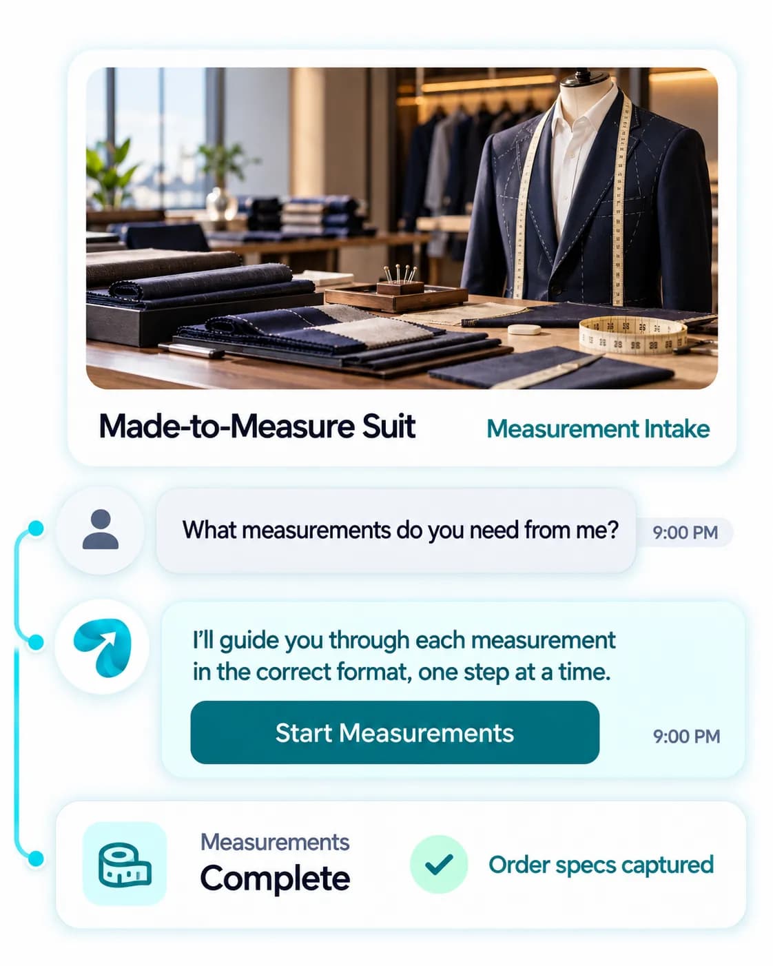 Made-to-Measure Apparel Automation: a customer question answered and confirmed in a Reflys chat