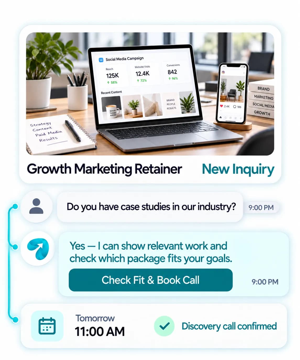 Chatbot for Marketing Agencies: a customer question answered and confirmed in a Reflys chat