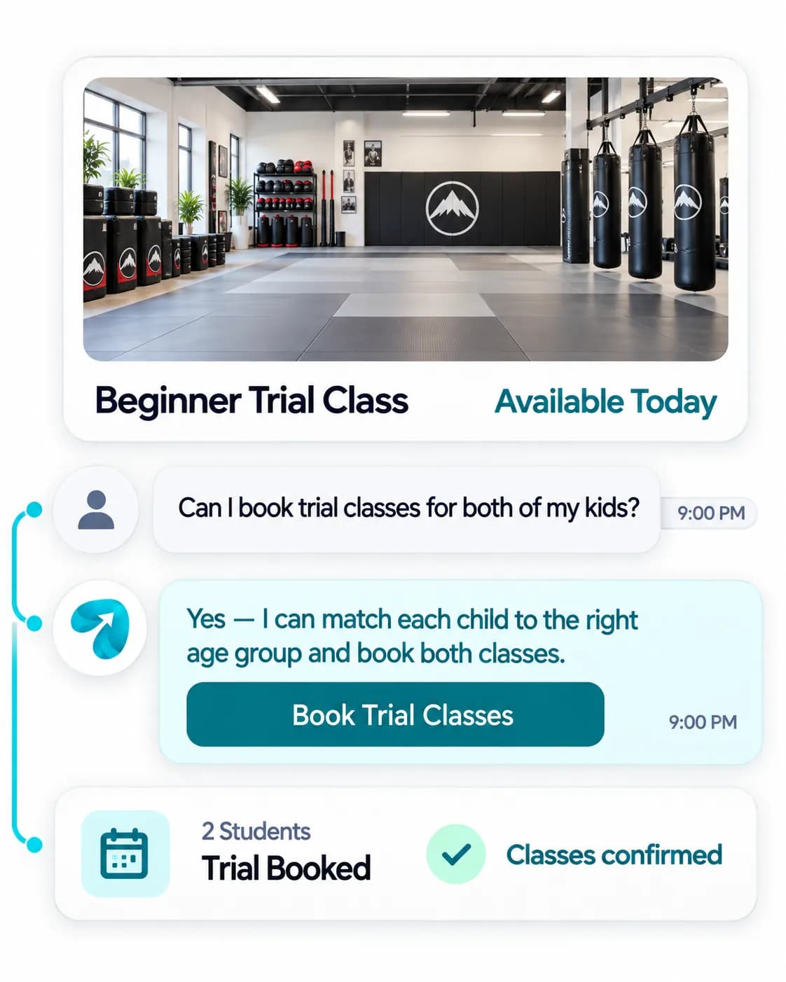 Martial Arts Academy Automation: a customer question answered and confirmed in a Reflys chat