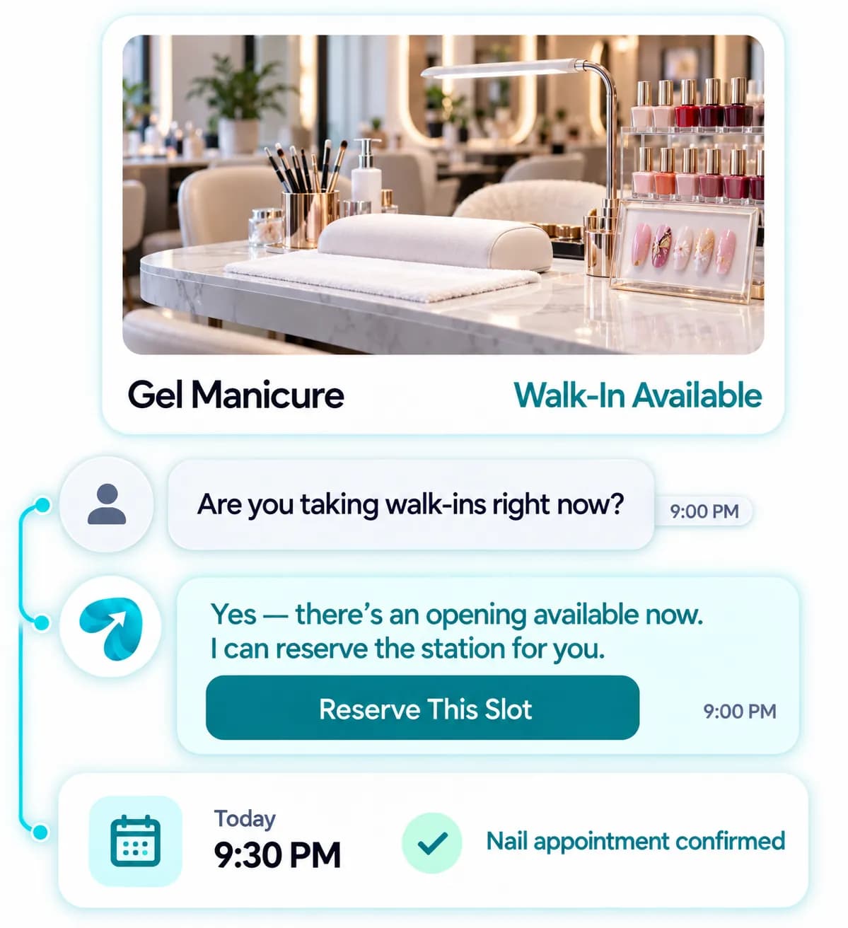 Nail Salon Automation: a customer question answered and confirmed in a Reflys chat
