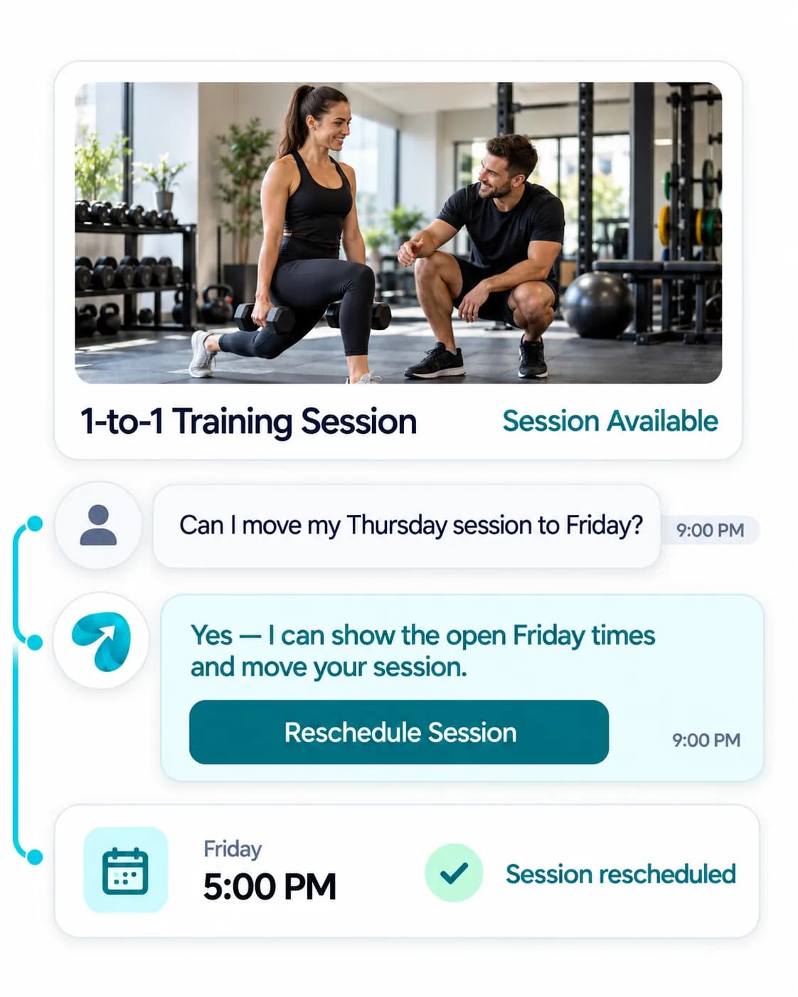 Personal Trainer Automation: a customer question answered and confirmed in a Reflys chat
