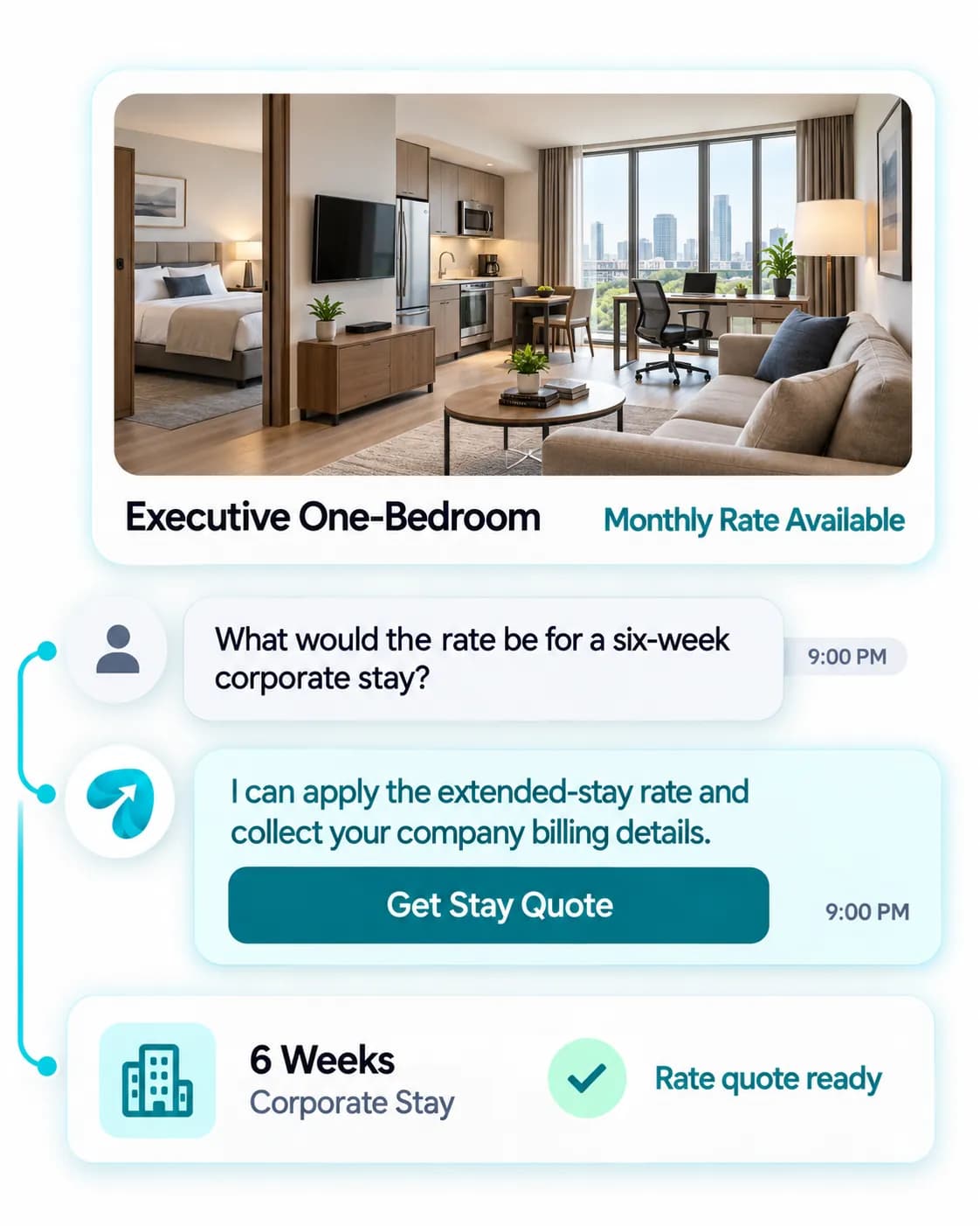 Serviced Apartment Booking Automation: a customer question answered and confirmed in a Reflys chat