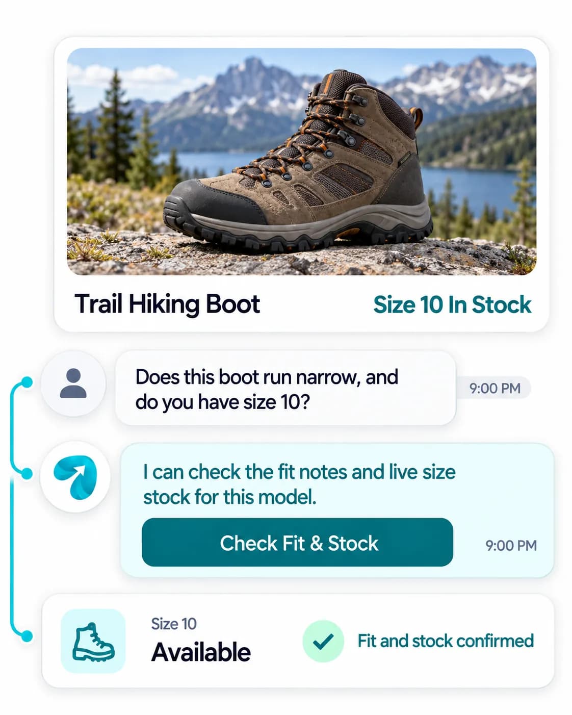 Outdoor Gear Store Chatbot: a customer question answered and confirmed in a Reflys chat