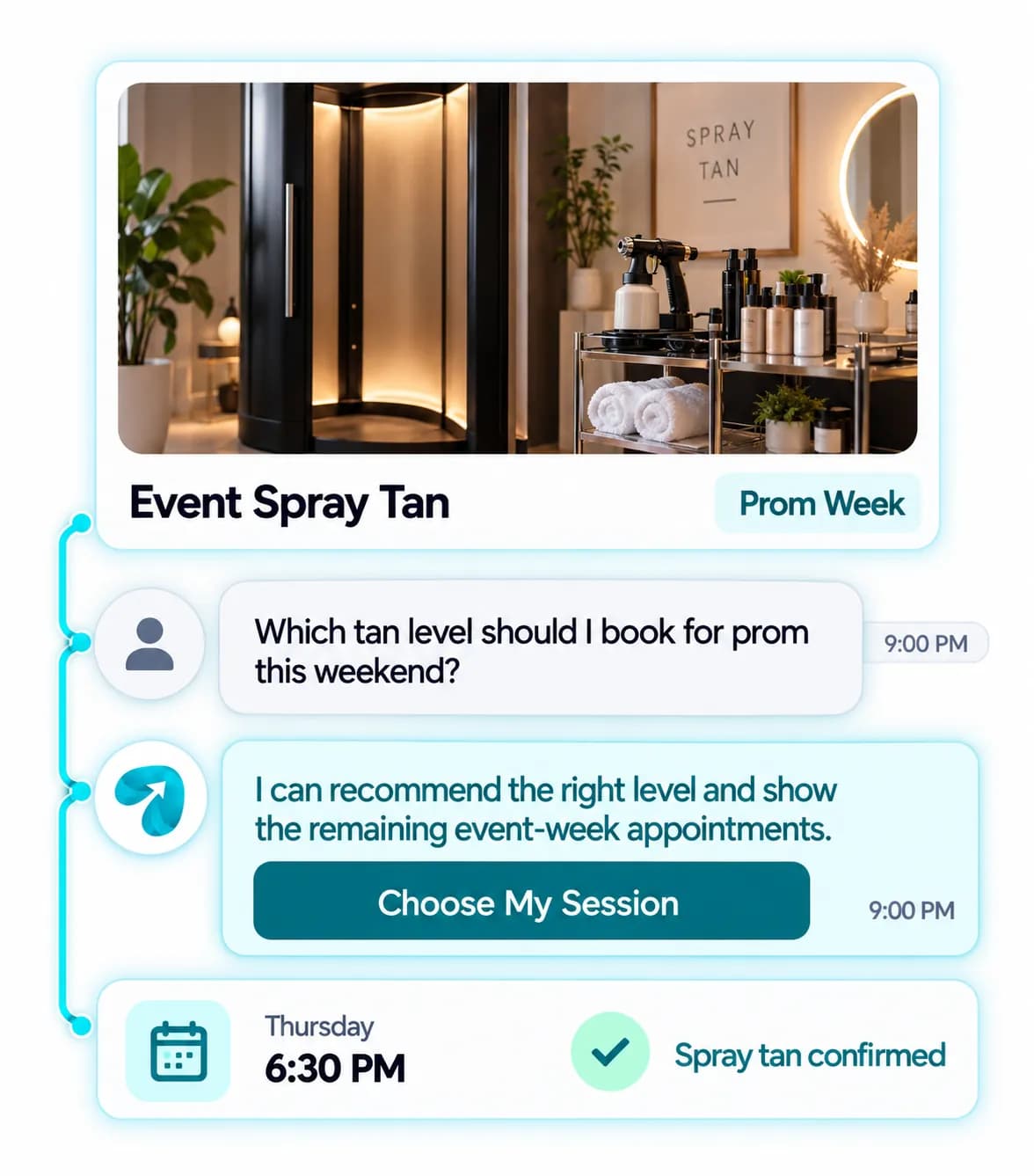 Spray Tan Studio Automation: a customer question answered and confirmed in a Reflys chat