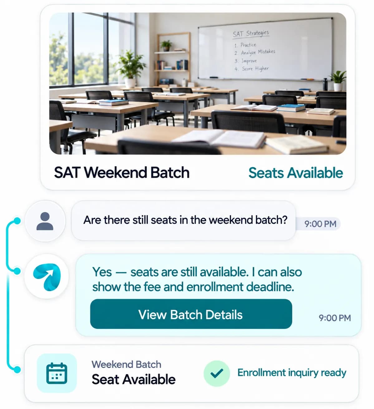 Test Prep Center Automation: a customer question answered and confirmed in a Reflys chat