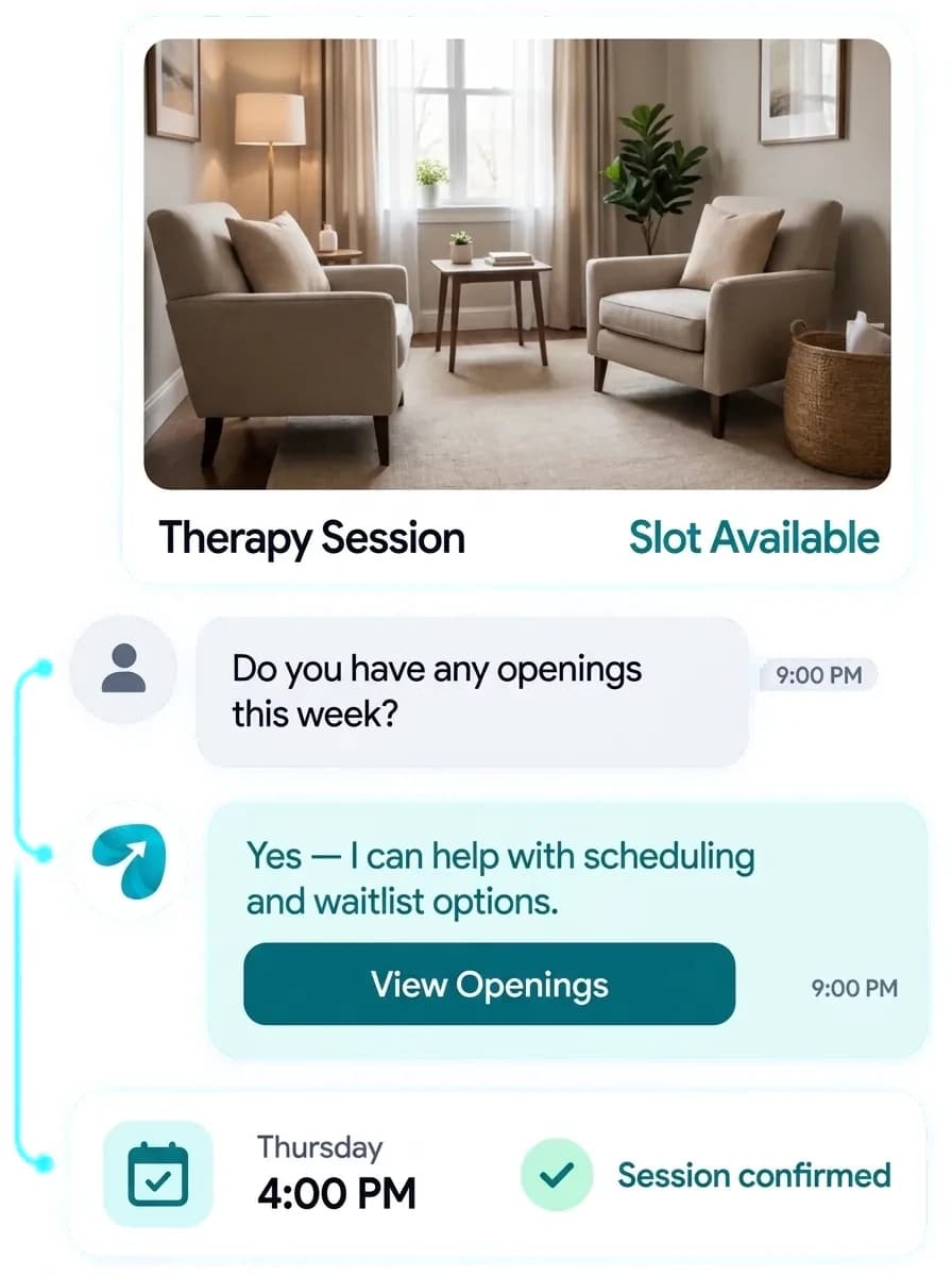 Therapy Practice Intake & Waitlist Automation: a customer question answered and confirmed in a Reflys chat