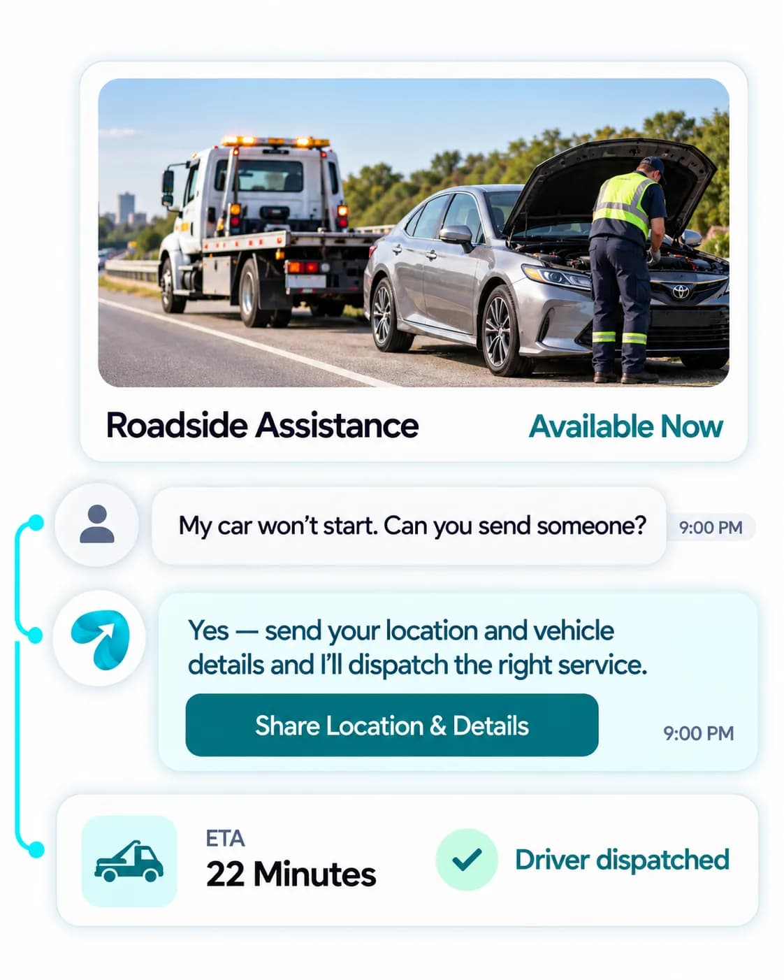 Towing & Roadside Automation: a customer question answered and confirmed in a Reflys chat