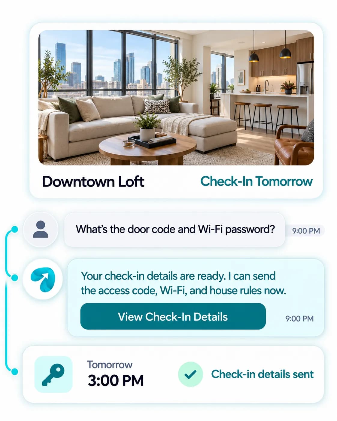 Vacation Rental Guest Messaging: a customer question answered and confirmed in a Reflys chat