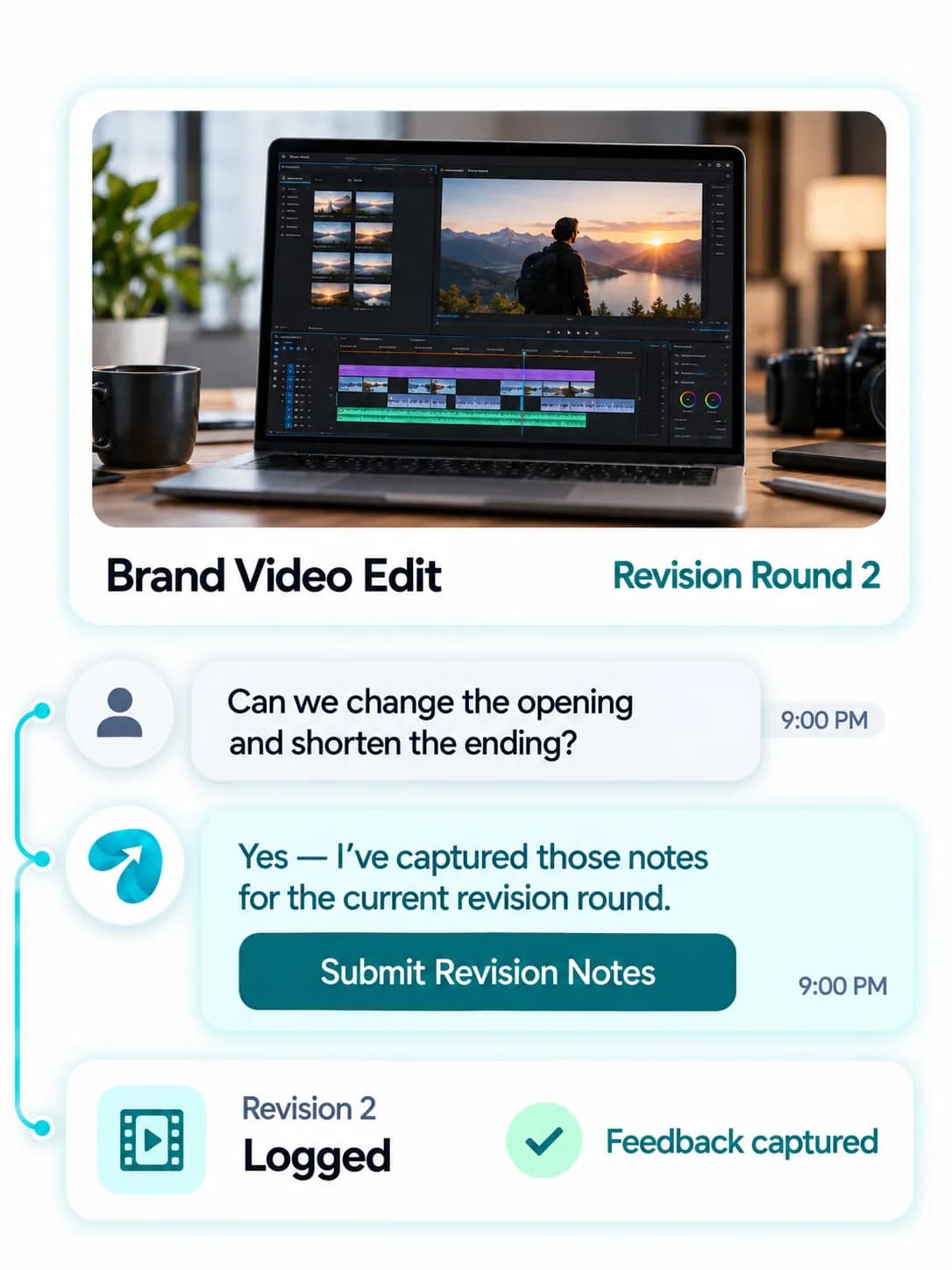 Video Editor Revision Management: a customer question answered and confirmed in a Reflys chat