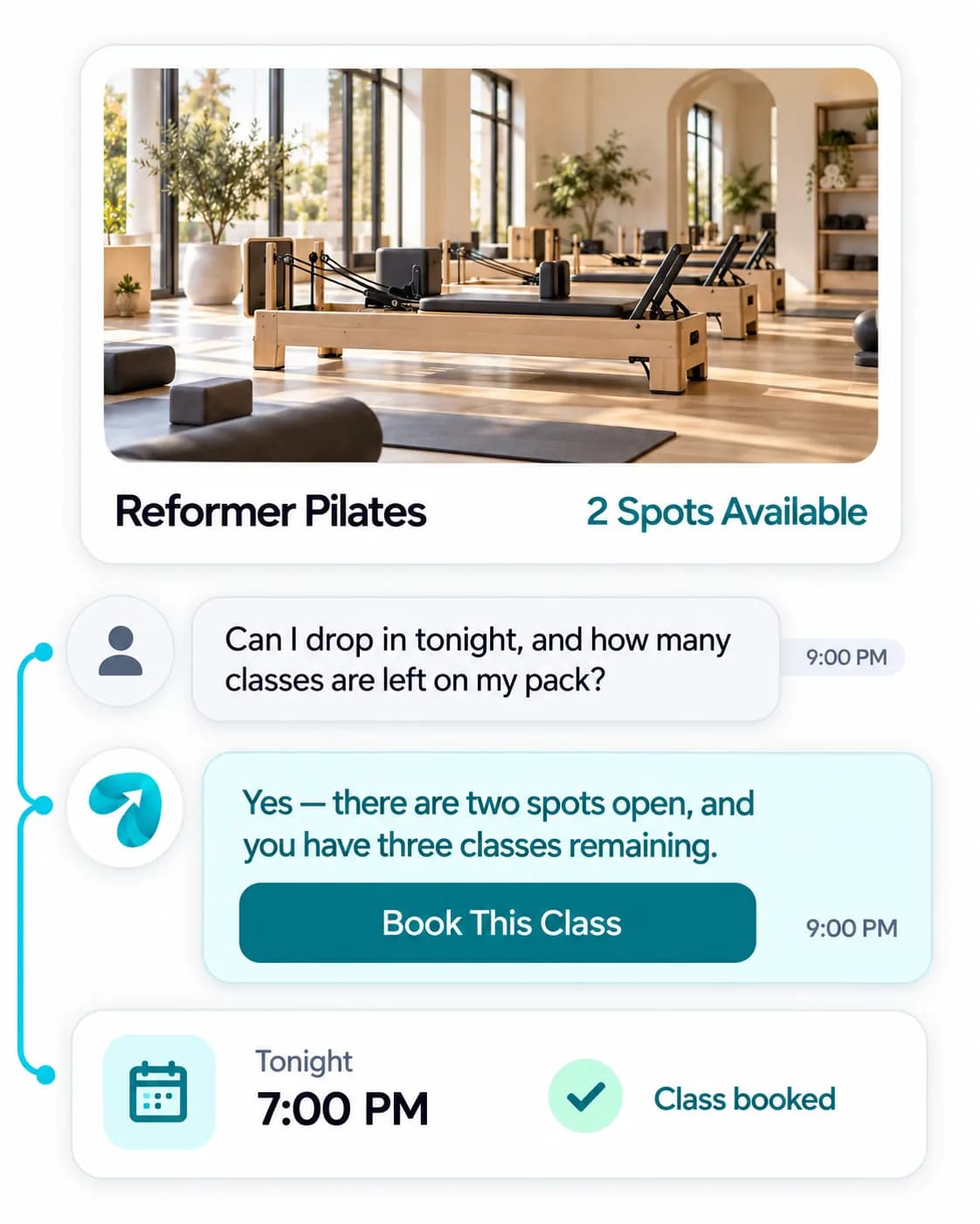 Yoga & Pilates Studio Automation: a customer question answered and confirmed in a Reflys chat