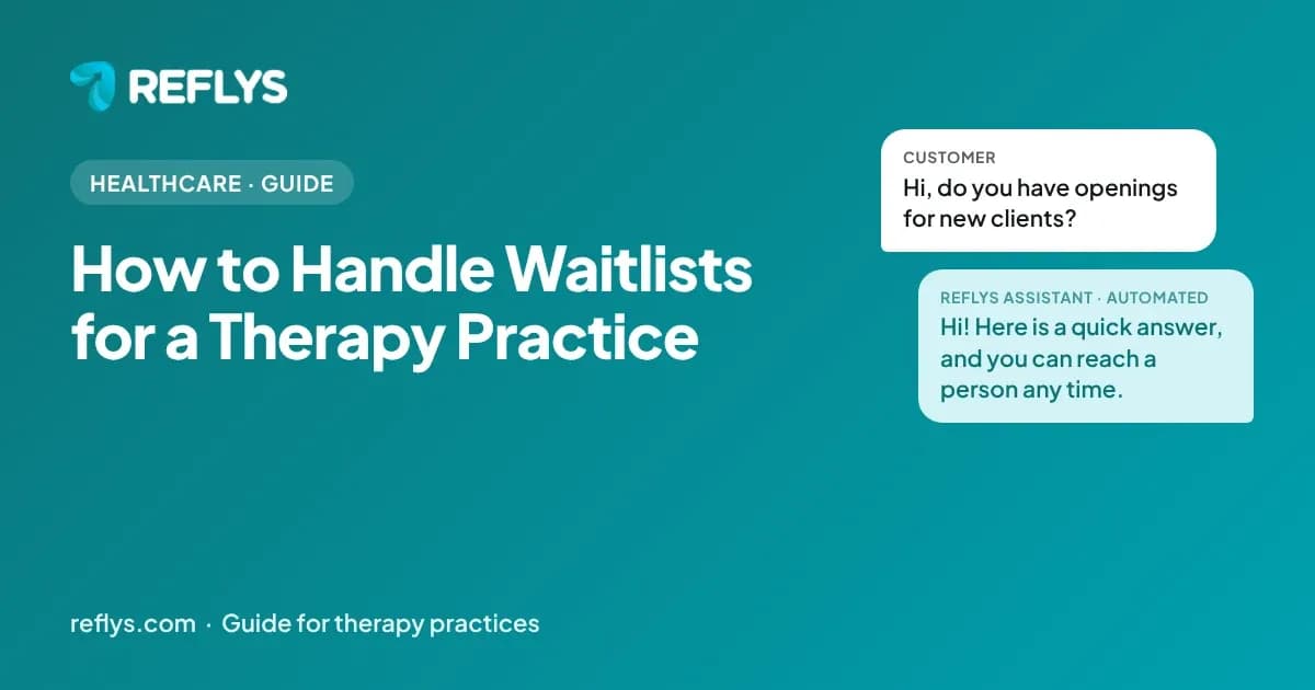 Reflys guide cover for how to handle waitlists for a therapy practice: a customer question answered by an automated chat assistant.