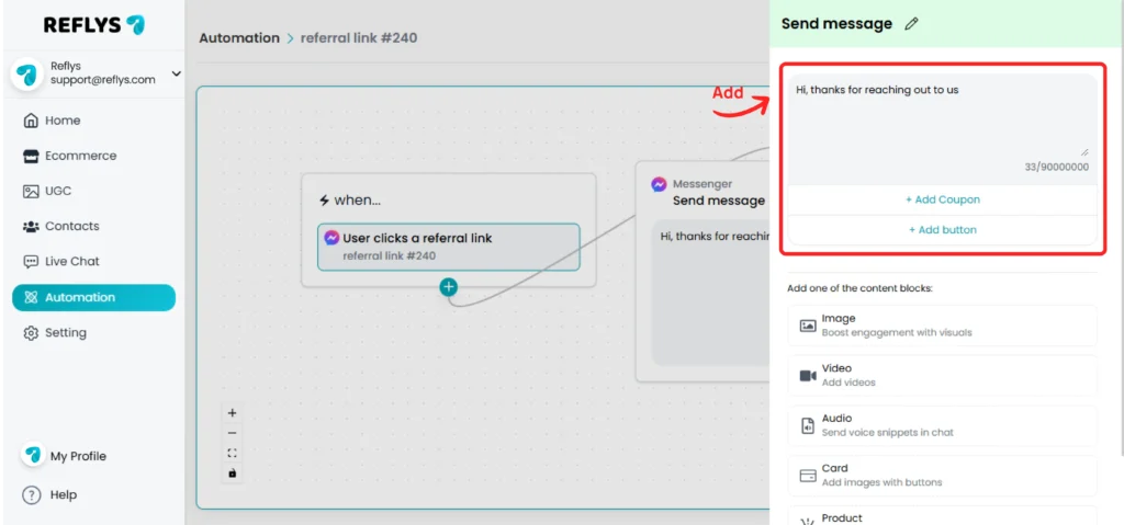 Referral Link Message Configuration