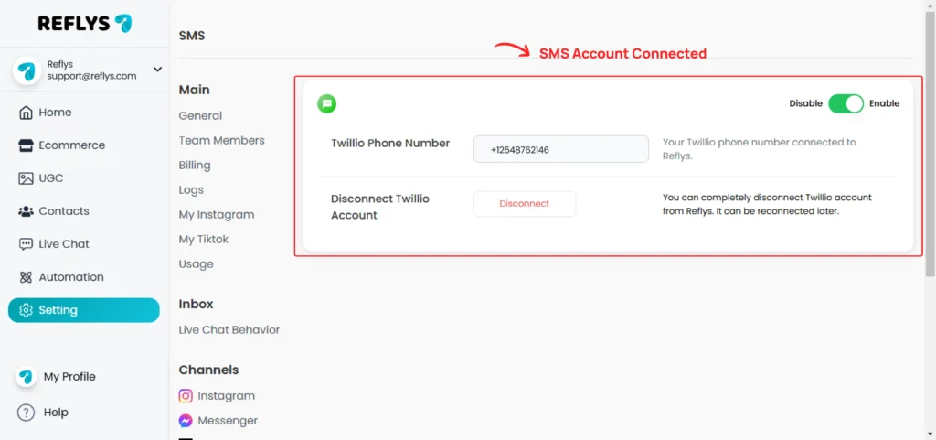 SMS Account Connected